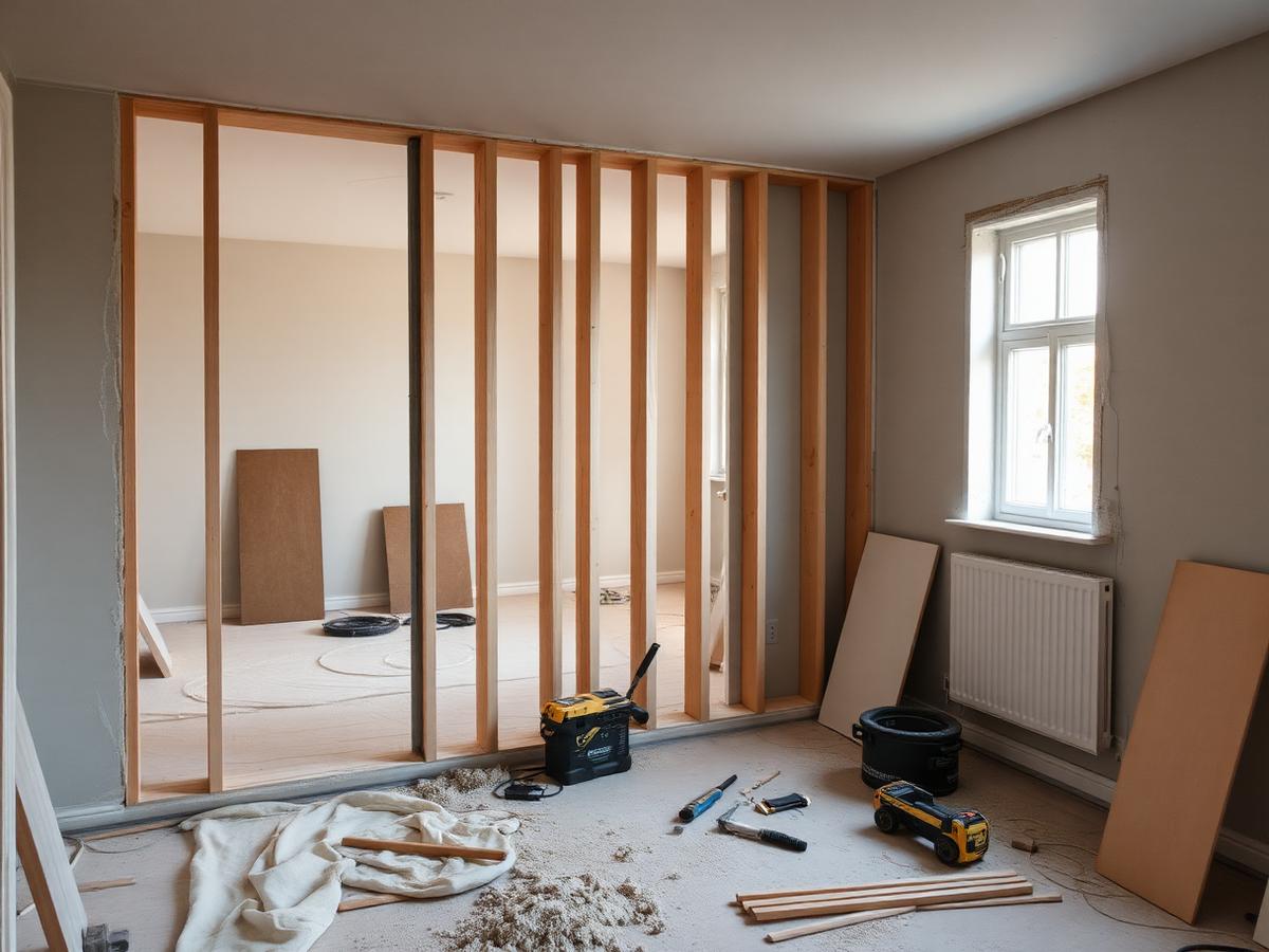 Verbouwing in uitvoering met nieuw houten wandframe in een woning