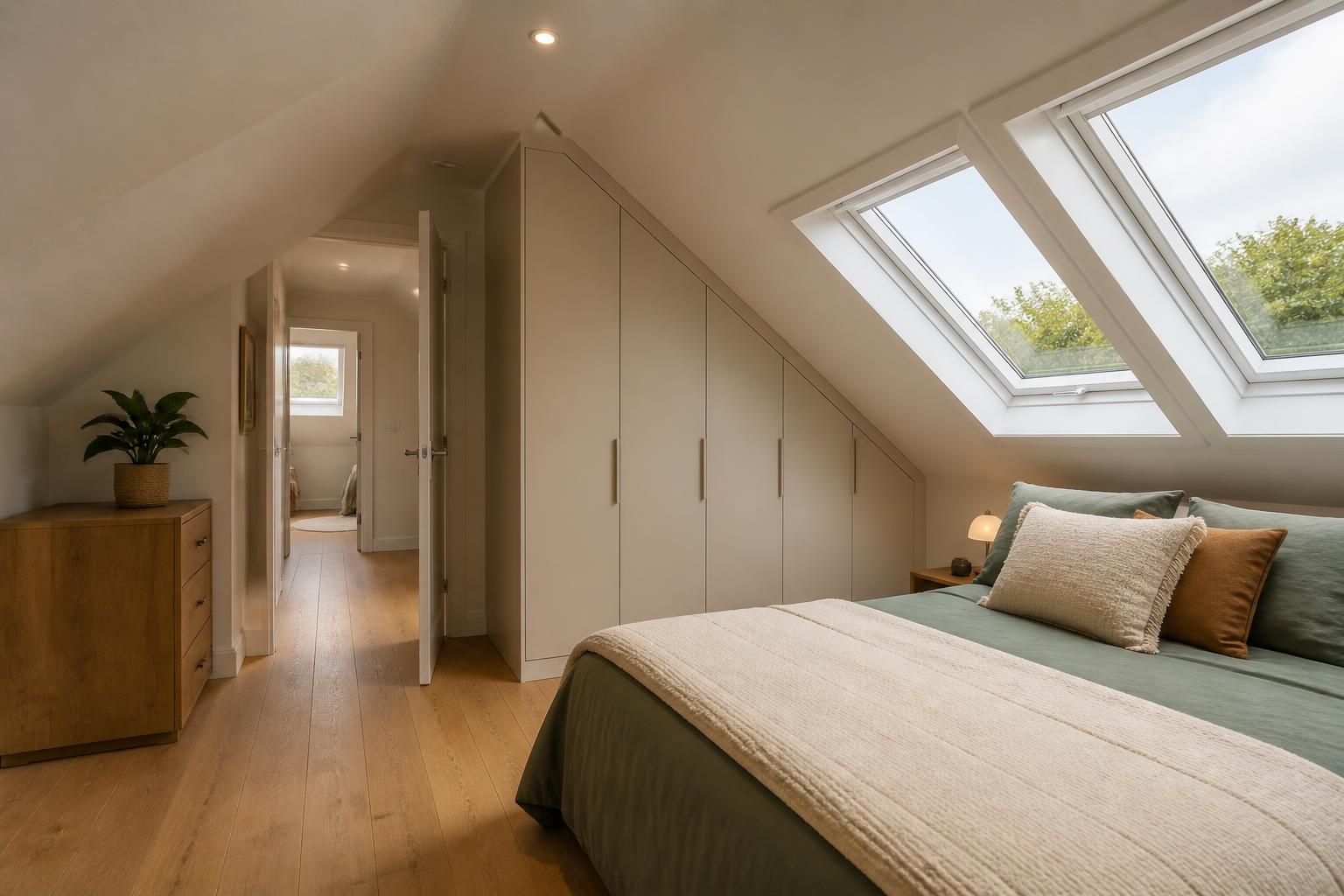 Licht en warm afgewerkte zolderkamer met houten vloer, dakraam en ingebouwde kast na een zolderverbouwing