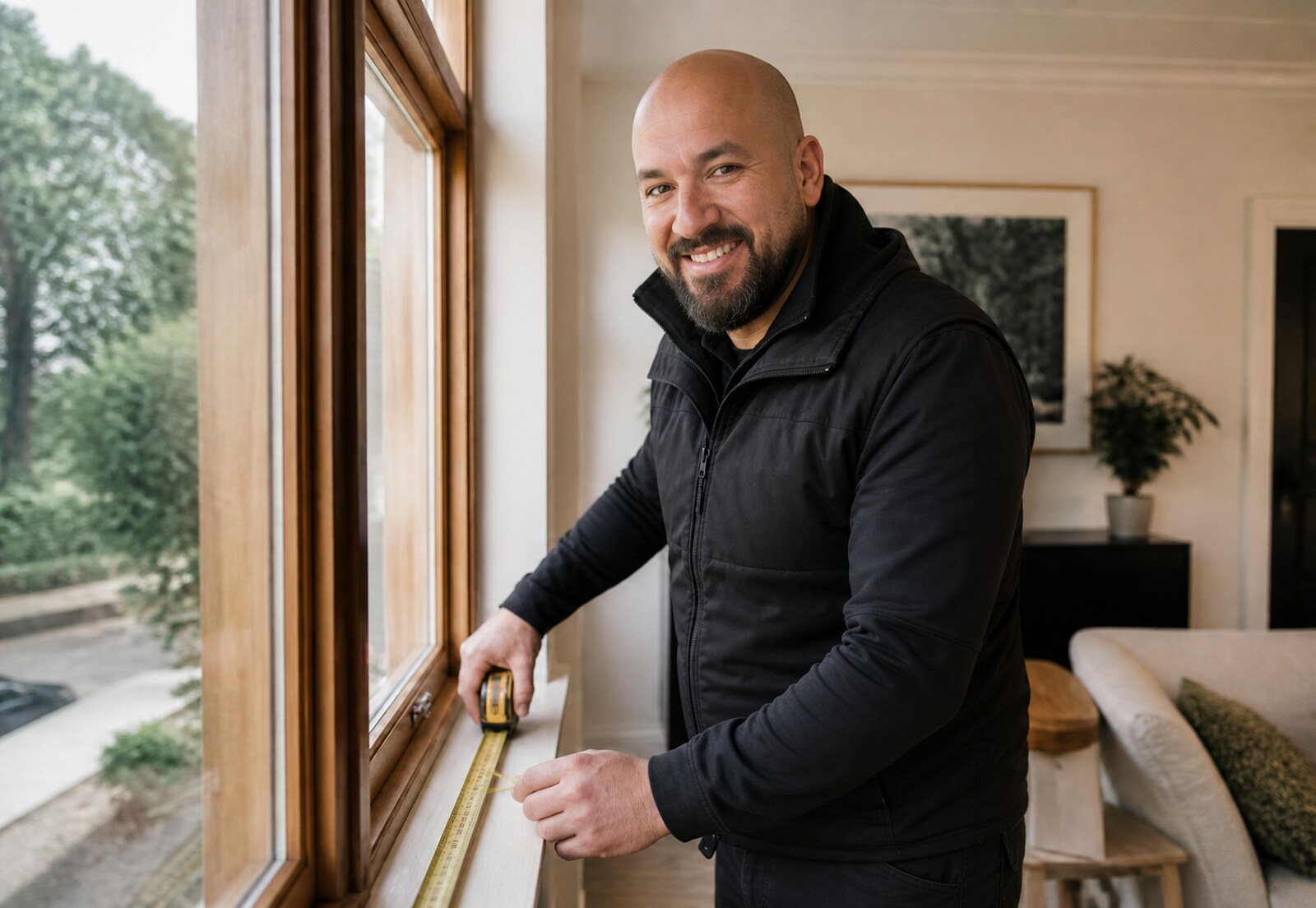 Ahmet Kinik van JZD Aannemersbedrijf meet een raamopening op in een woning