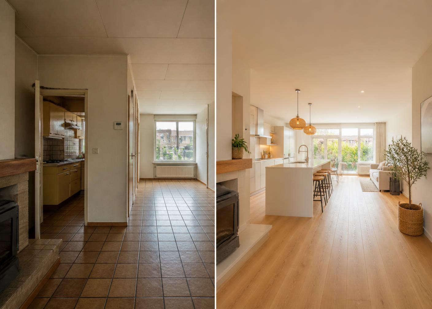 Before and after: van gesloten, gedateerde keuken naar een lichte open woonkeuken met houten vloer